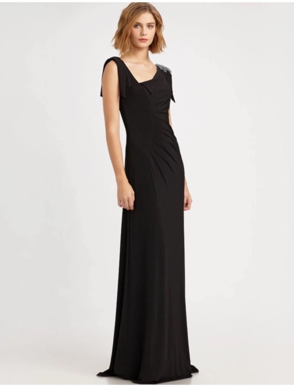 David Meister Black Ruched & Beaded Jersey Elegant Gown Dress Sz 6